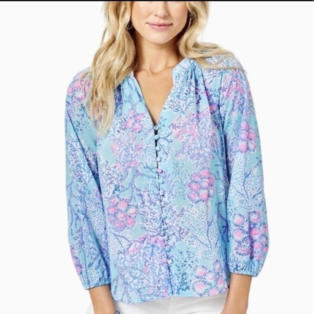 Lilly Pulitzer Coleman Top Now You Sea Me Blue Ibiza Button Up Women's Sz Medium